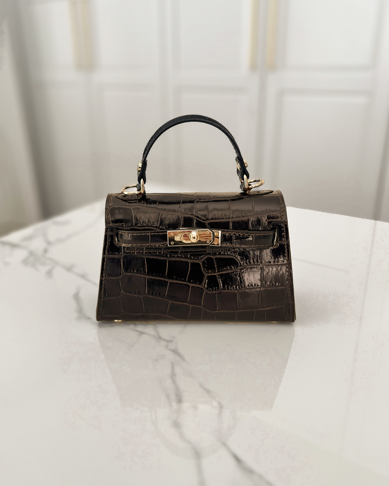 LILY - Mini Croco Real Leather Bag in Dark Brown