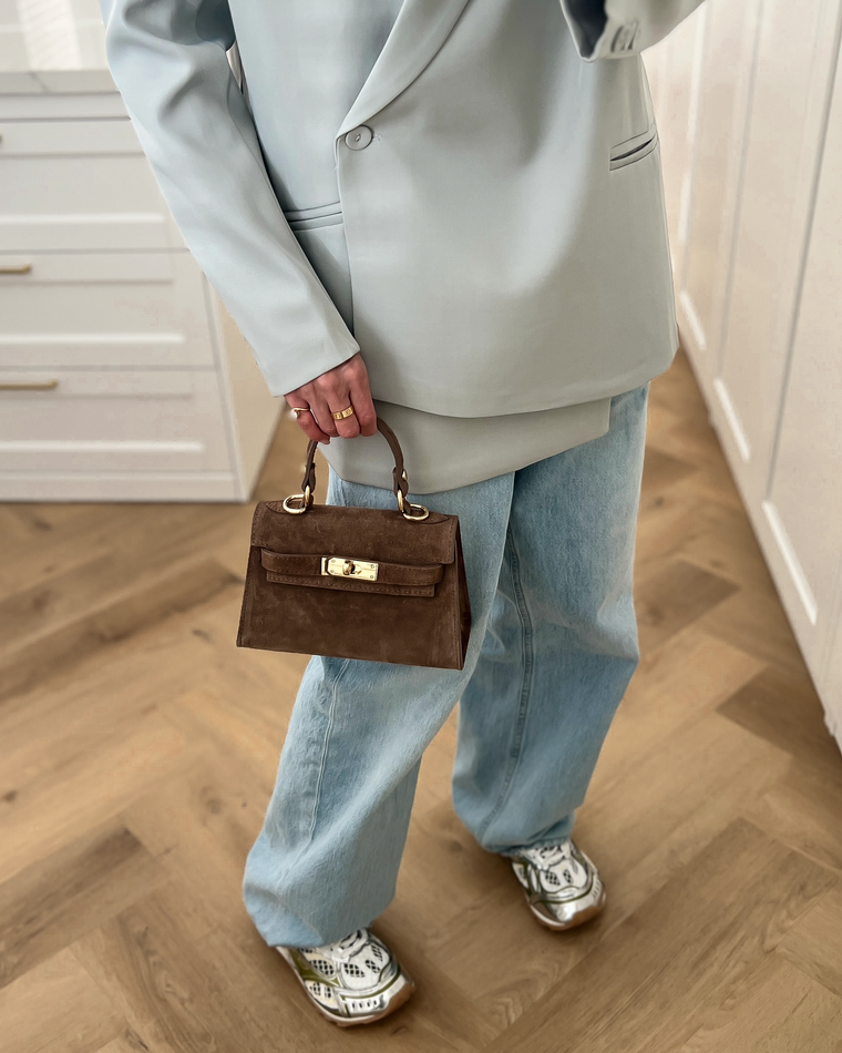 LILY - Mini Real Suede Leather Bag in Taupe