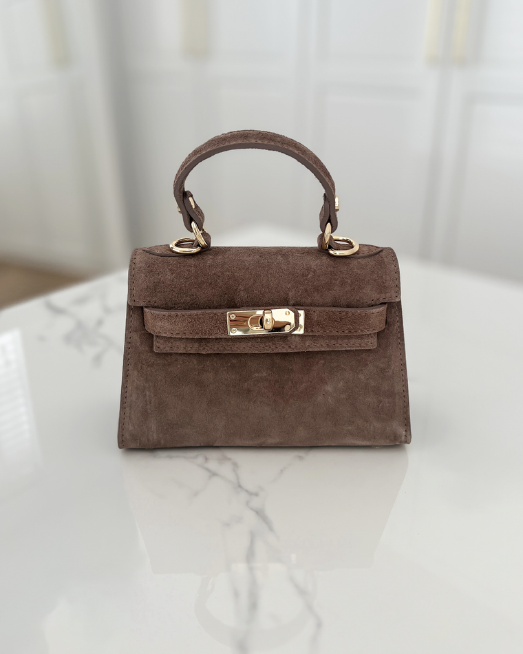 LILY - Mini Real Suede Leather Bag in Taupe