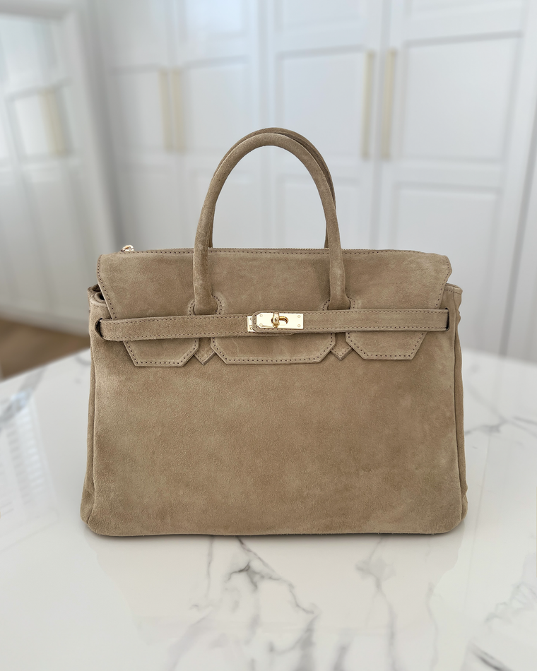 BIRGIT - Large Real Suede Leather Bag in Sand