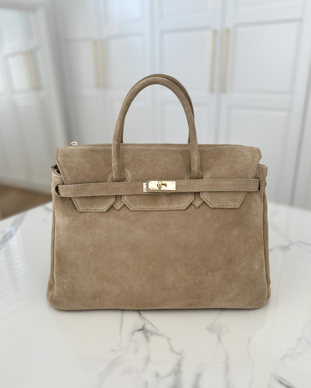 BIRGIT - Large Real Suede Leather Bag in Sand