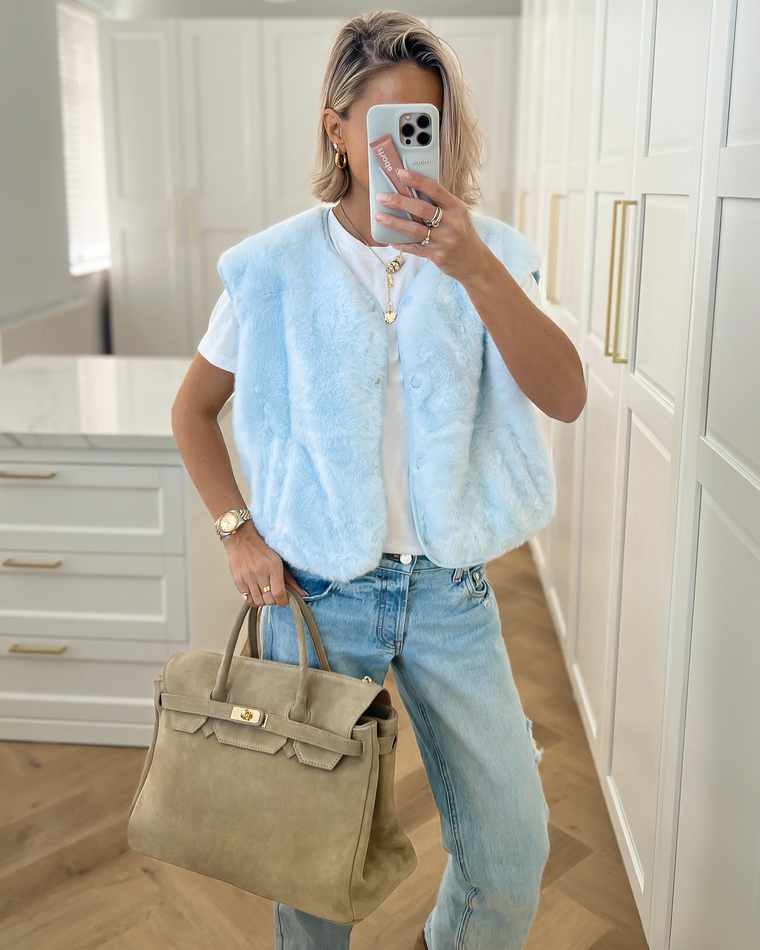 AMELIE - Faux Fur Gilet in Sky Blue