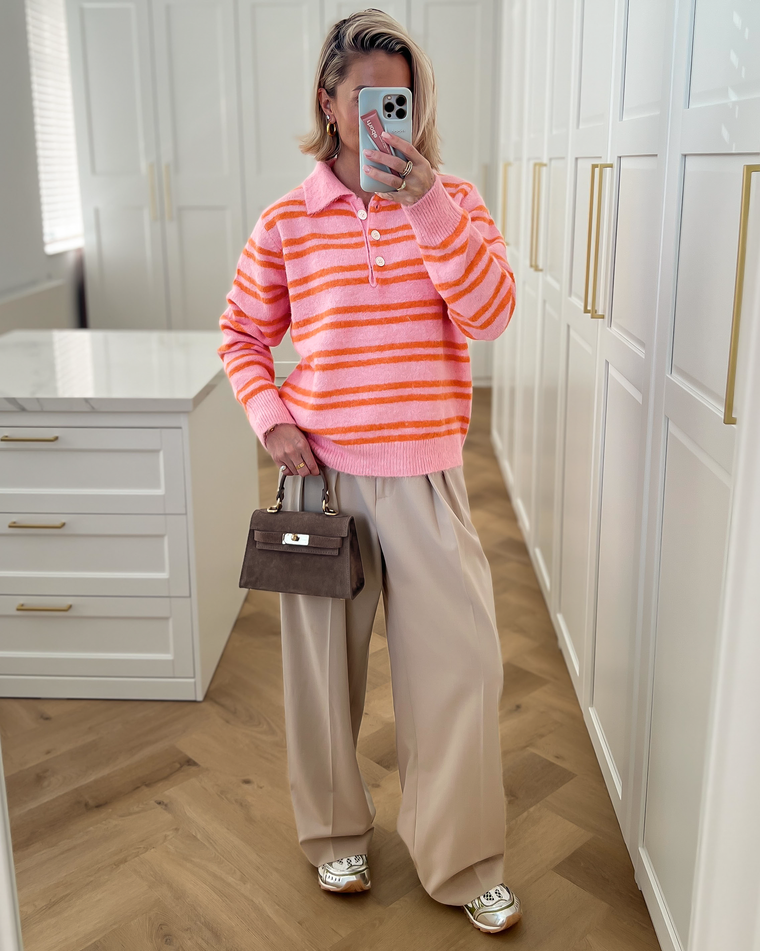 MIMI - Striped Polo Sweater in Pink & Orange