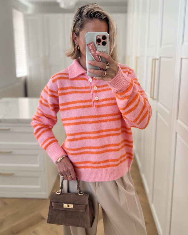 MIMI - Striped Polo Sweater in Pink & Orange
