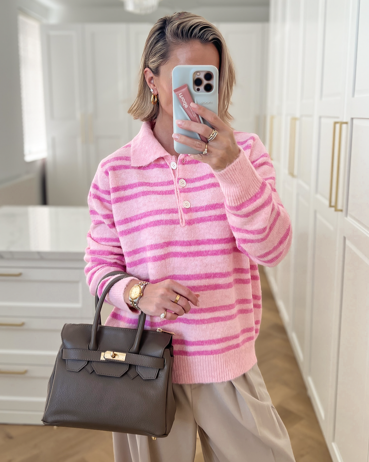MIMI - Striped Polo Sweater in Light Pink & Pink
