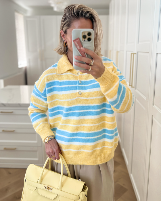 SALE - MILA Striped Polo Sweater in Yellow & Sky Blue