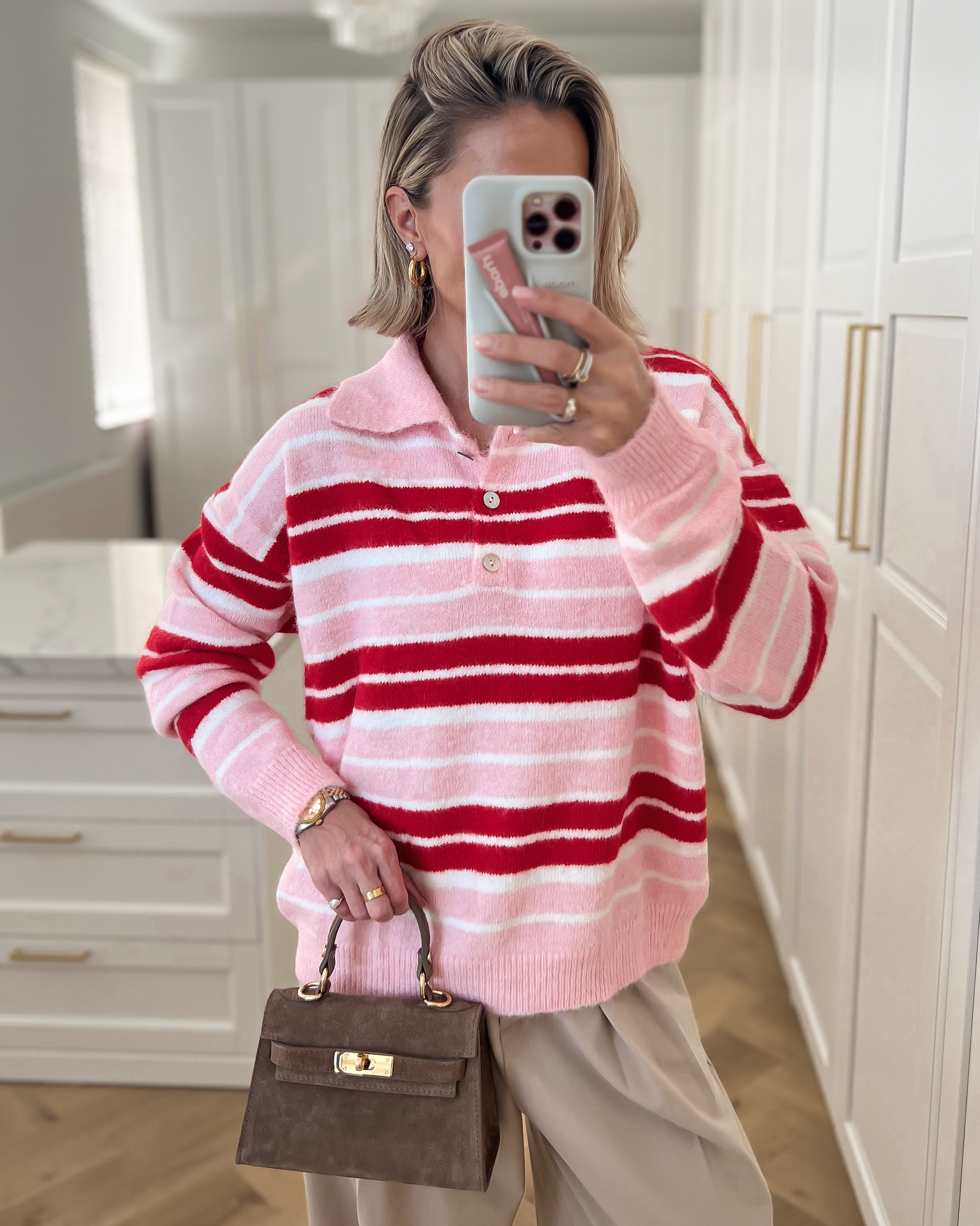 SALE - MILA Striped Polo Sweater in Light Pink & Red