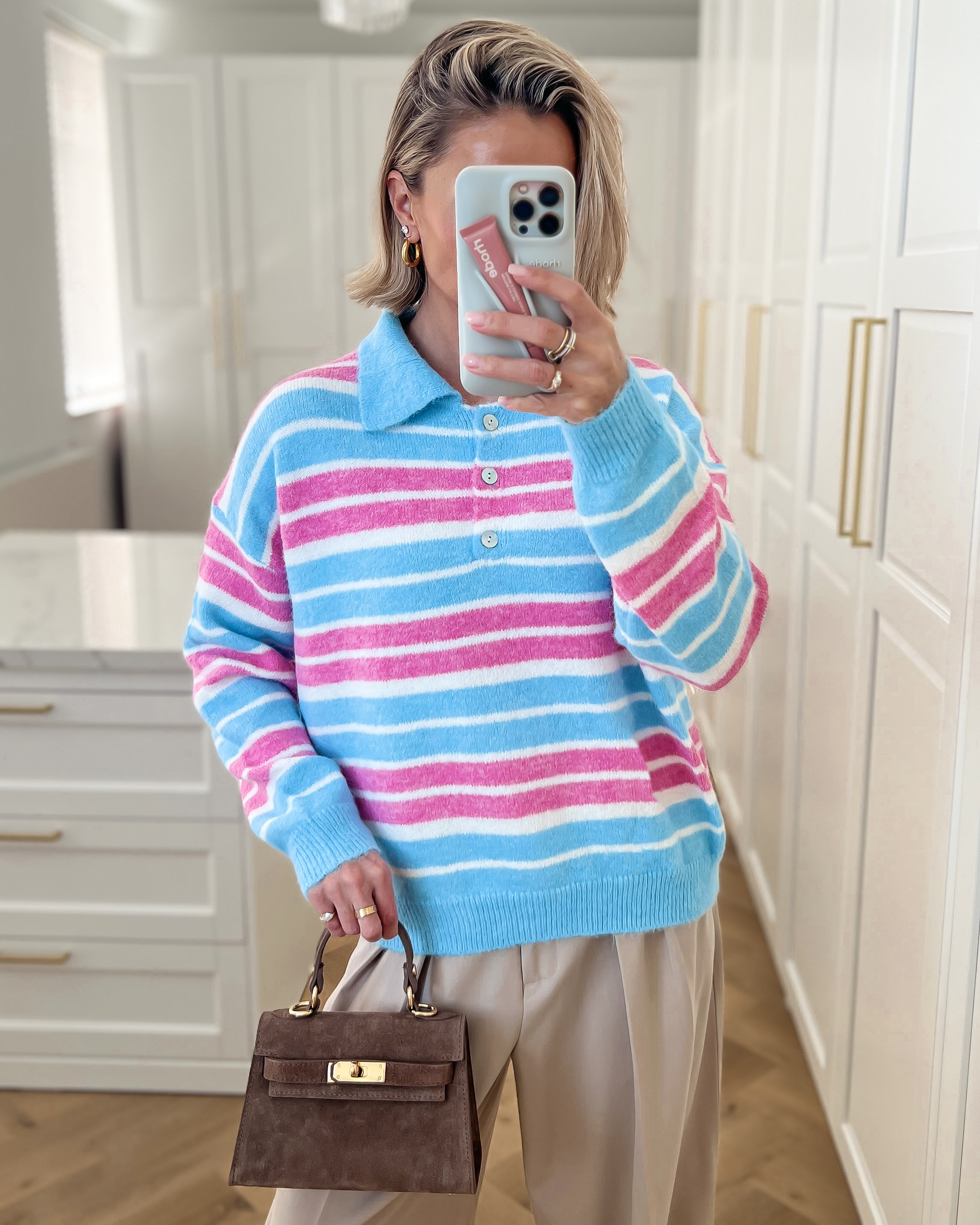 SALE - MILA Striped Polo Sweater in Light Blue & Pink