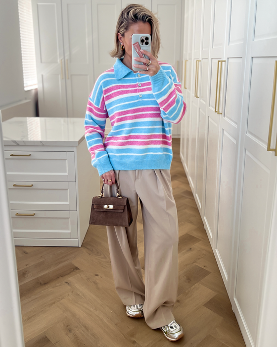SALE - MILA Striped Polo Sweater in Light Blue & Pink