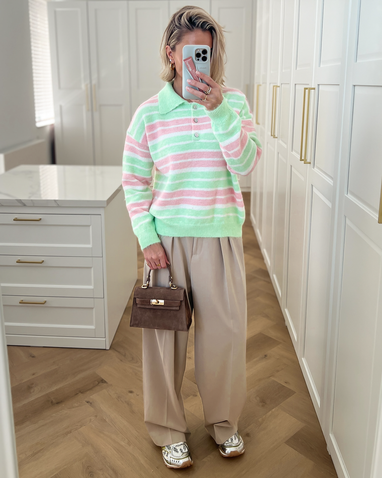 SALE - MILA Striped Polo Sweater in Light Green & Pink