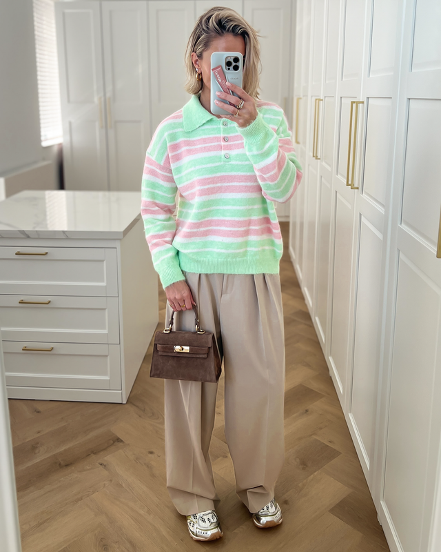 SALE - MILA Striped Polo Sweater in Light Green & Pink