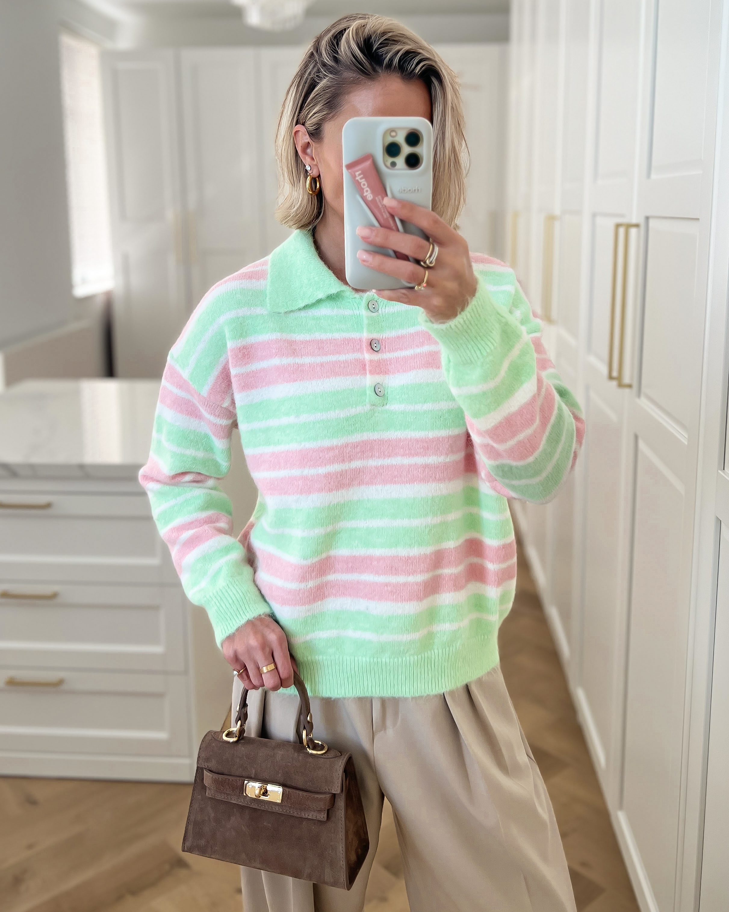 SALE - MILA Striped Polo Sweater in Light Green & Pink