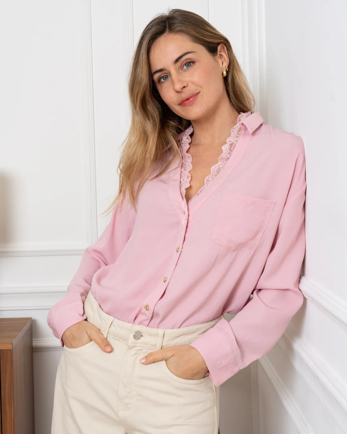 SALE - ELISE Blouse with Lace Detail in Light Pink