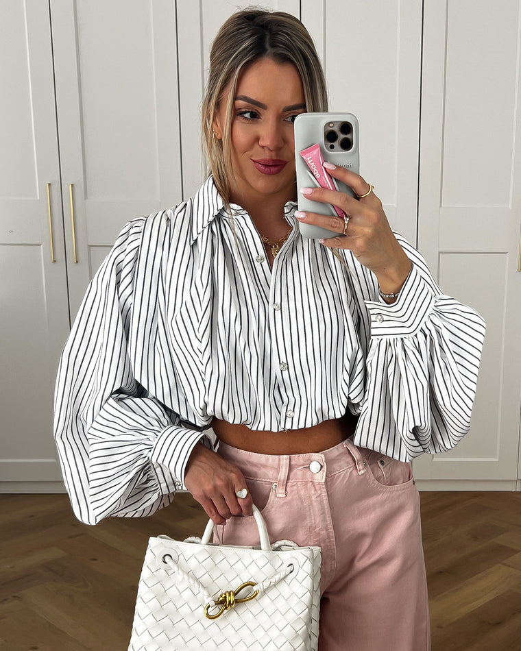 BONNIE - Crop Top Pinstripe Blouse in White