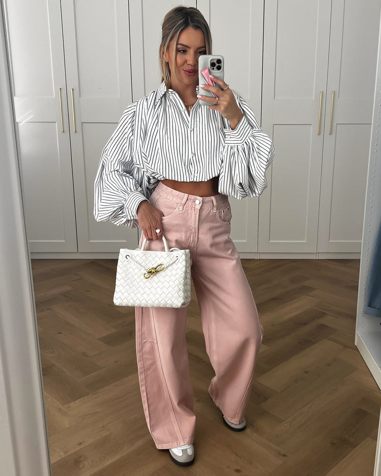 BONNIE - Crop Top Pinstripe Blouse in White
