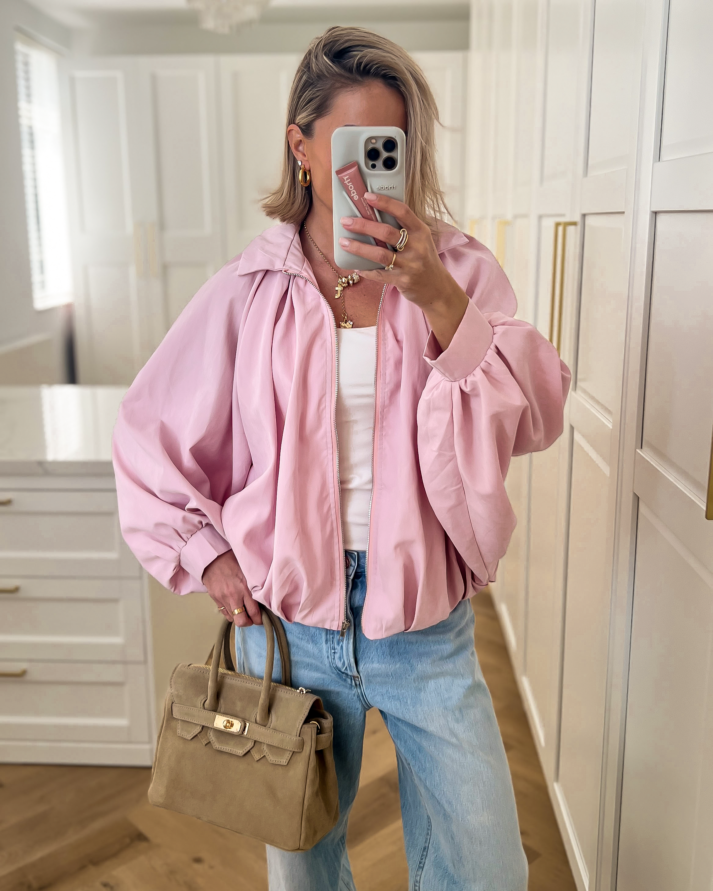 ROMY - Balloon Bomber Jacket in Light Pink