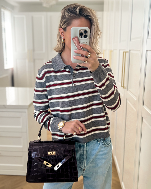 SALE - MASON Striped Longsleeve Polo Top in Grey