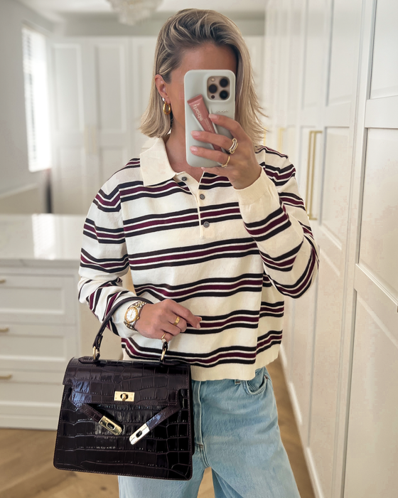 SALE - MASON Striped Longsleeve Polo Top in Off White