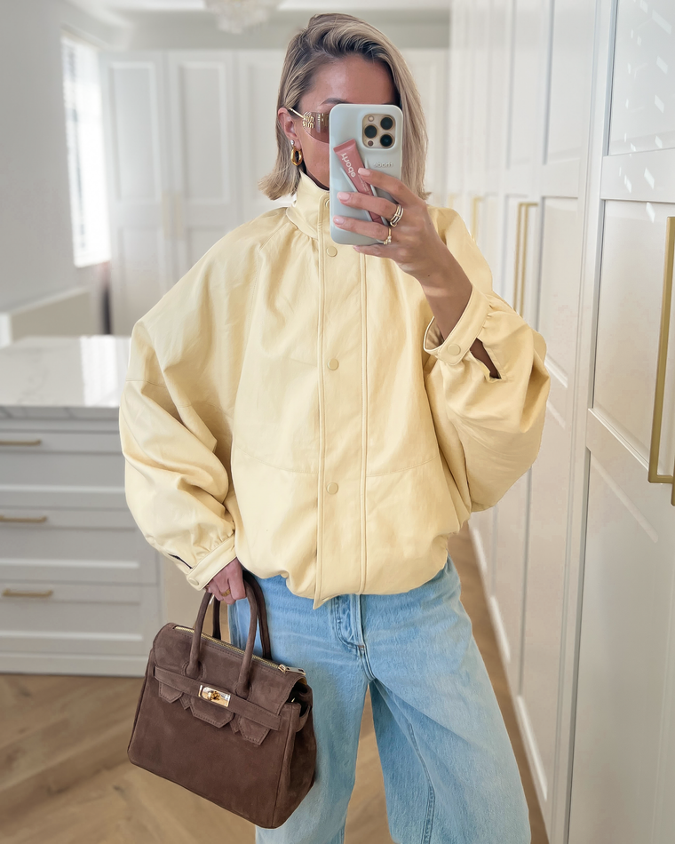 DYLAN - Oversized Faux Leather Jacket in Butter Yellow