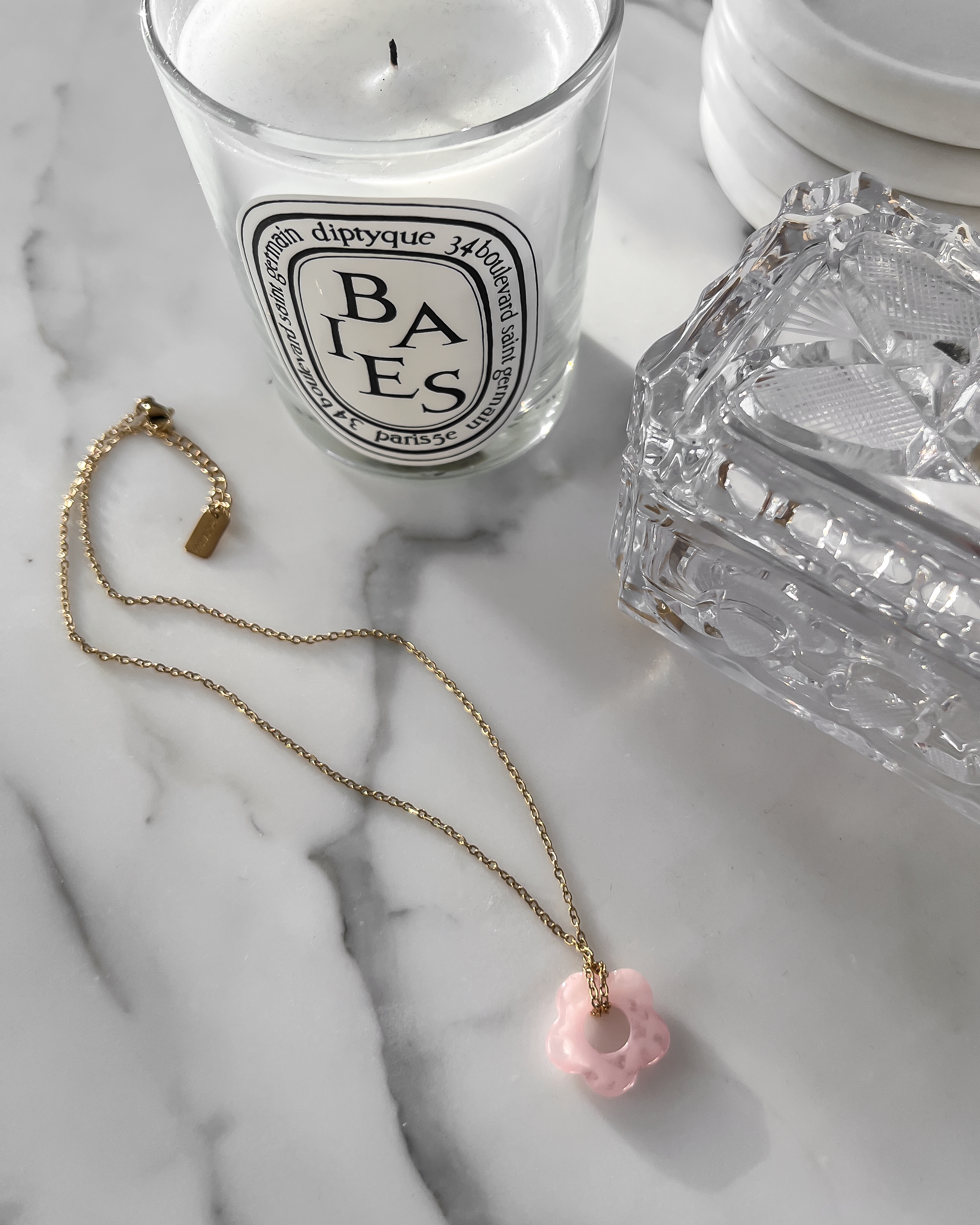 Pink Resin Flower Necklace in Gold
