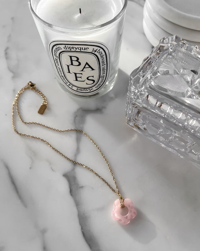 Pink Resin Flower Necklace in Gold