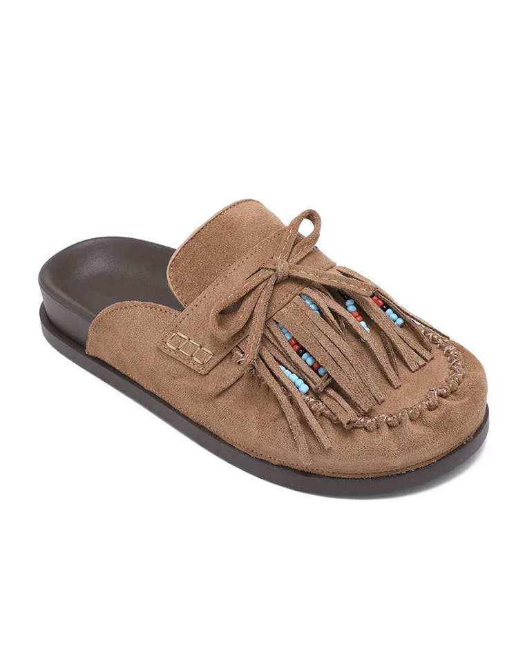 Fringe Faux Suede Mules in Hazel Brown