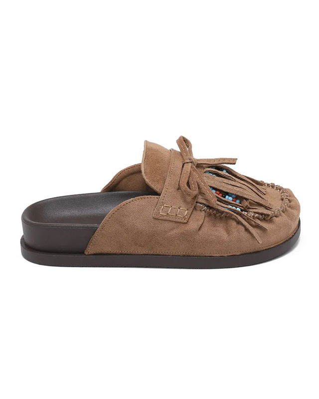 Fringe Faux Suede Mules in Hazel Brown