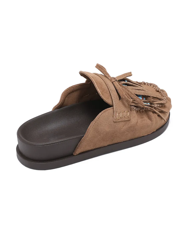 Fringe Faux Suede Mules in Hazel Brown