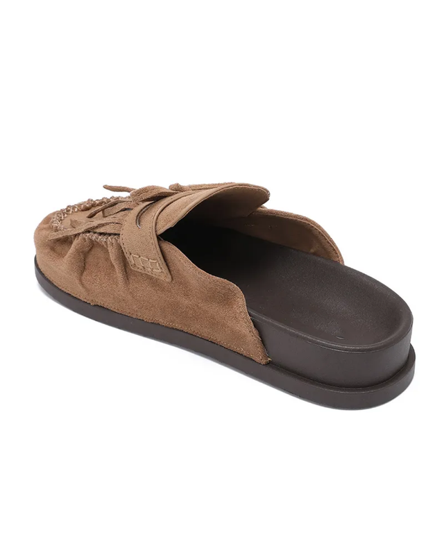Fringe Faux Suede Mules in Hazel Brown