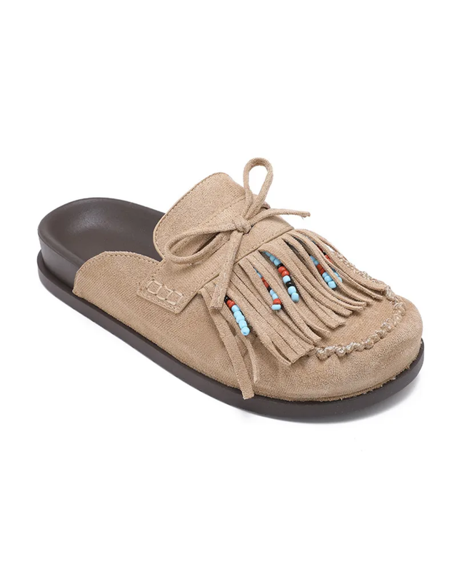 Fringe Faux Suede Mules in Natural