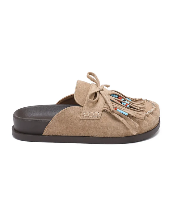 Fringe Faux Suede Mules in Natural