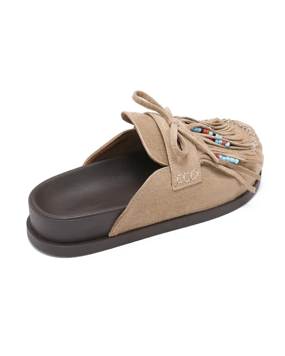 Fringe Faux Suede Mules in Natural