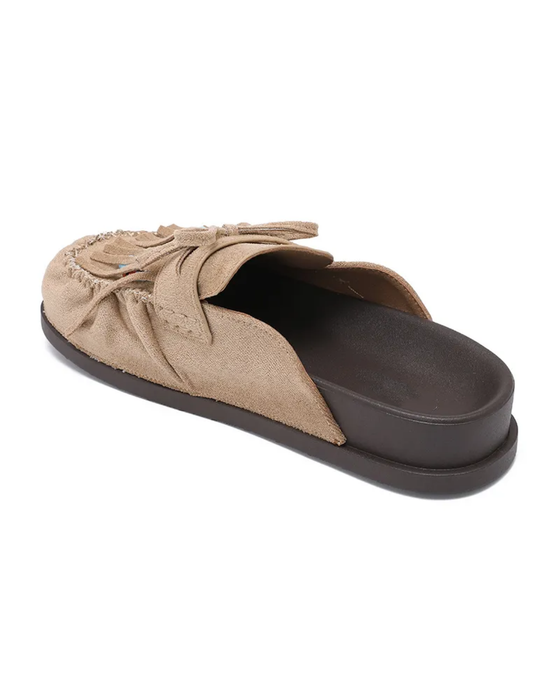 Fringe Faux Suede Mules in Natural