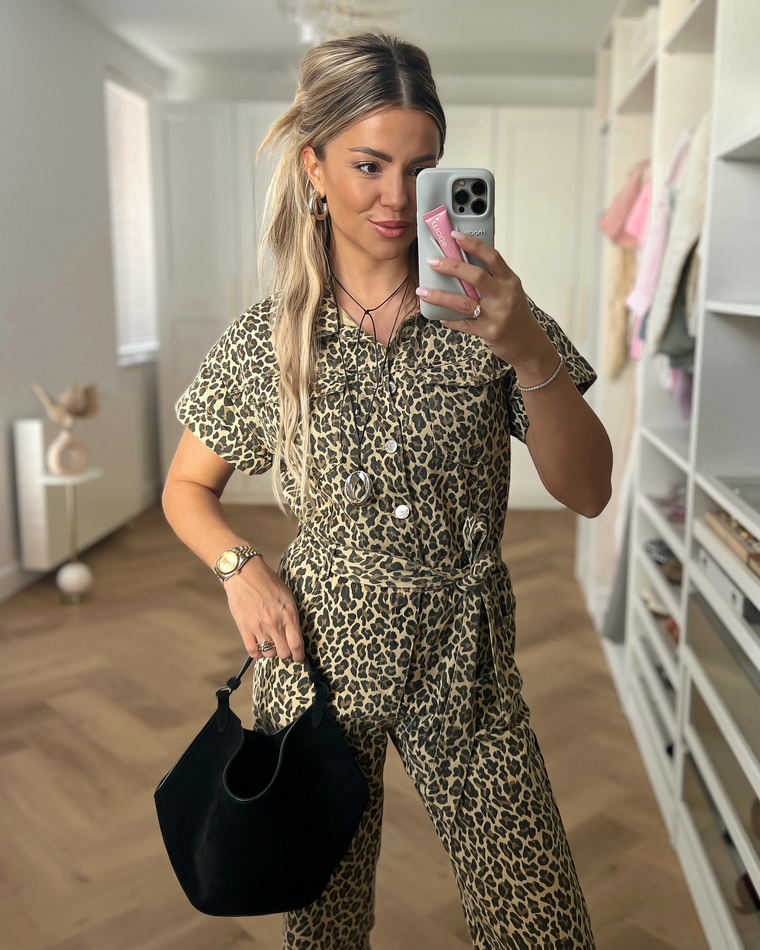 LORI - Denim Short Sleeve Jumpsuit in Leopard