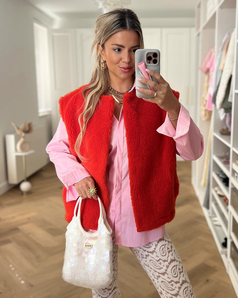 SALE - LIZZY Teddy Gilet in Red Orange