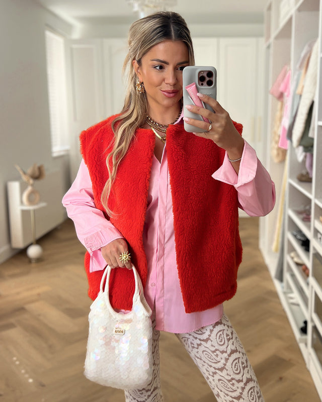 SALE - LIZZY Teddy Gilet in Red Orange