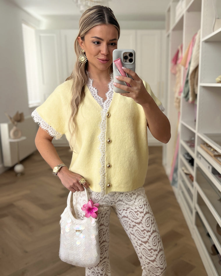 DAISY - Lace Short Sleeve Sweater in Light Yellow
