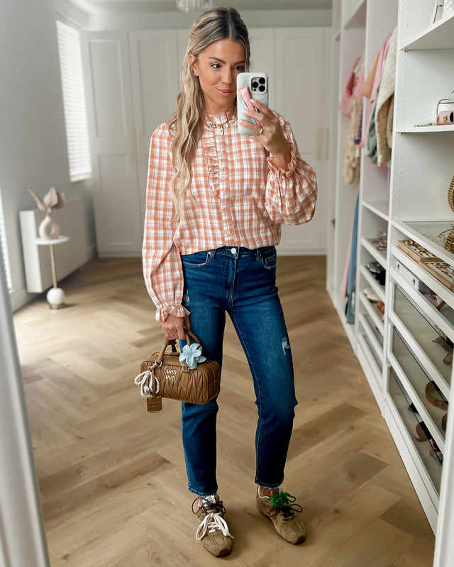 PATTY - Plaid Ruffle Blouse in Orange