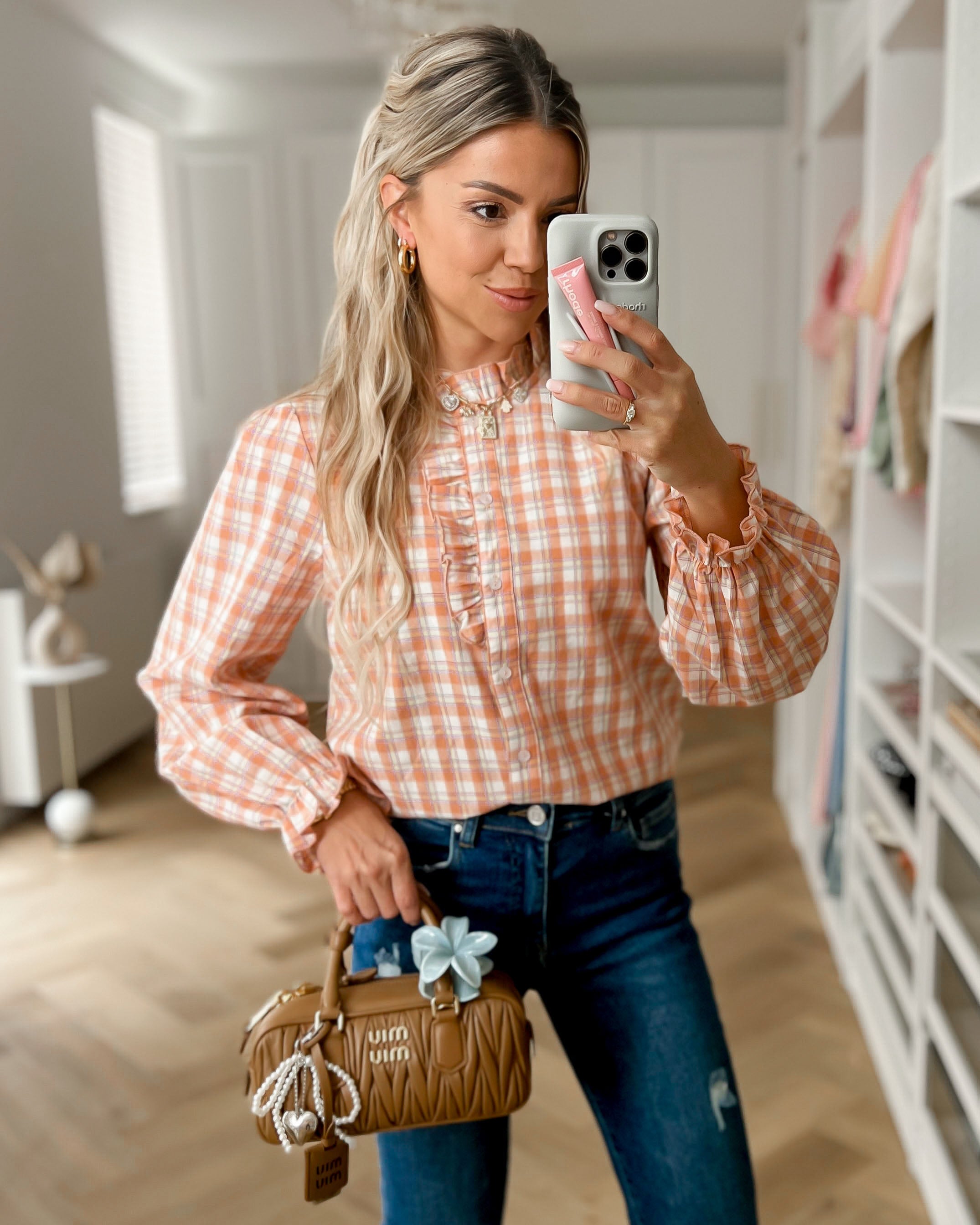 PATTY - Plaid Ruffle Blouse in Orange