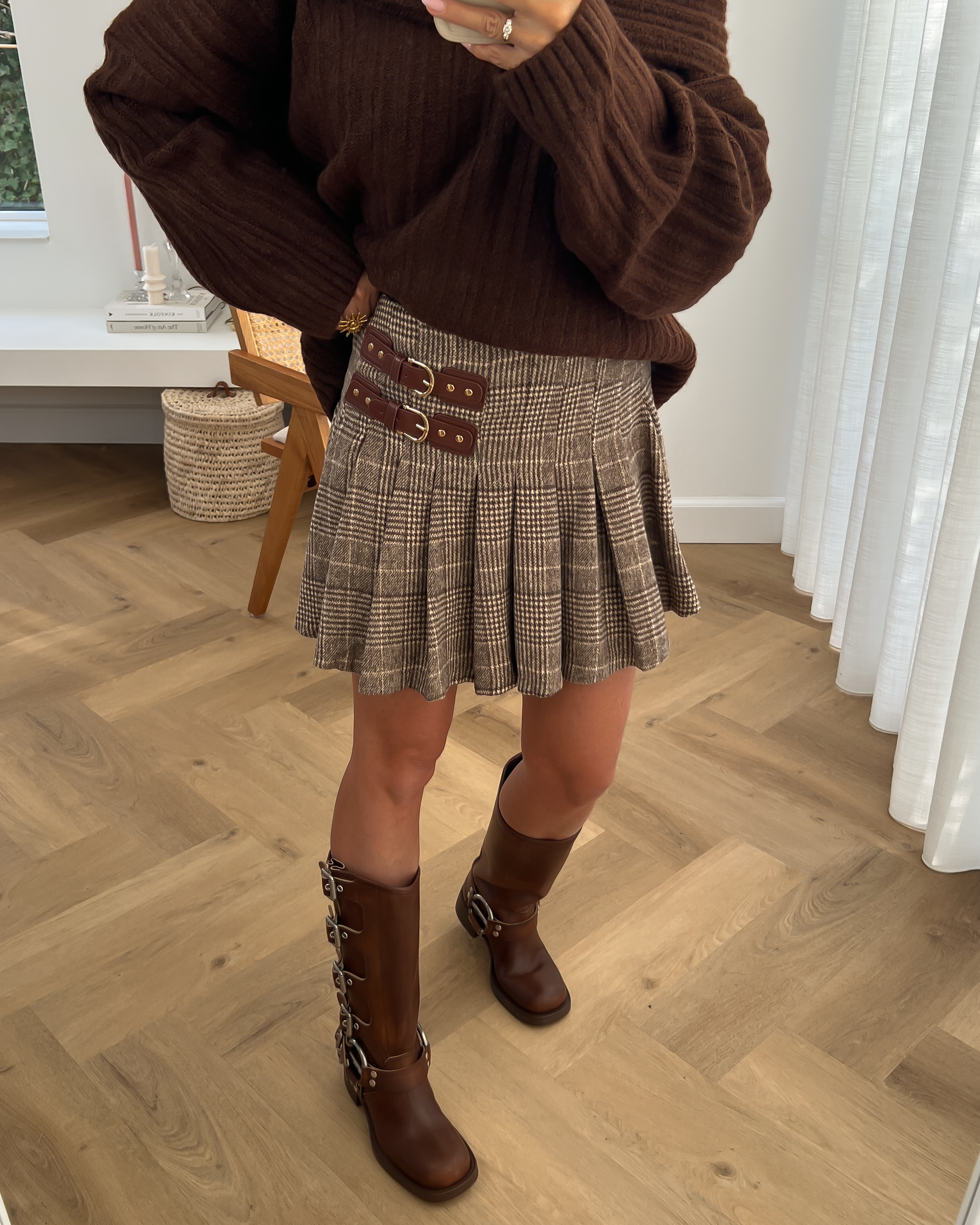 SALE - GEORGINA Plaid Tennis Skirt with Buckles in Choco