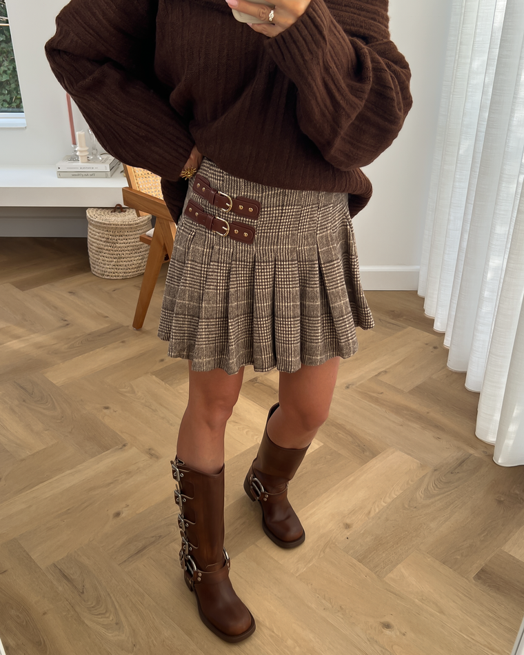 SALE - GEORGINA Plaid Tennis Skirt with Buckles in Choco