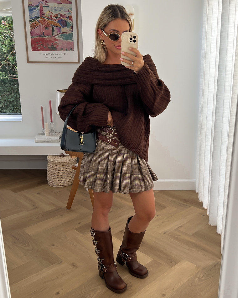 SALE - GEORGINA Plaid Tennis Skirt with Buckles in Choco