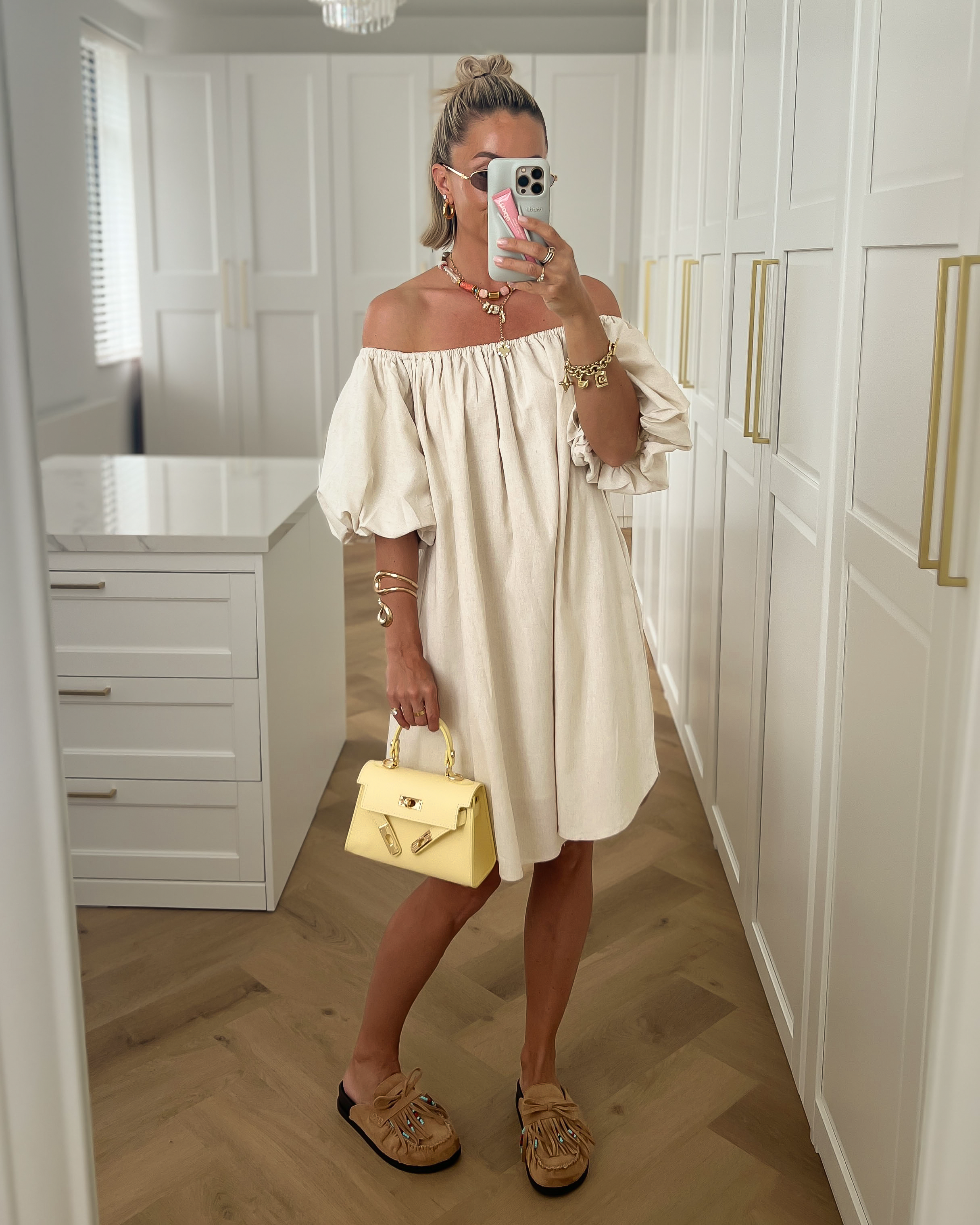PORSCHA - Linen Off Shoulder Dress in Beige