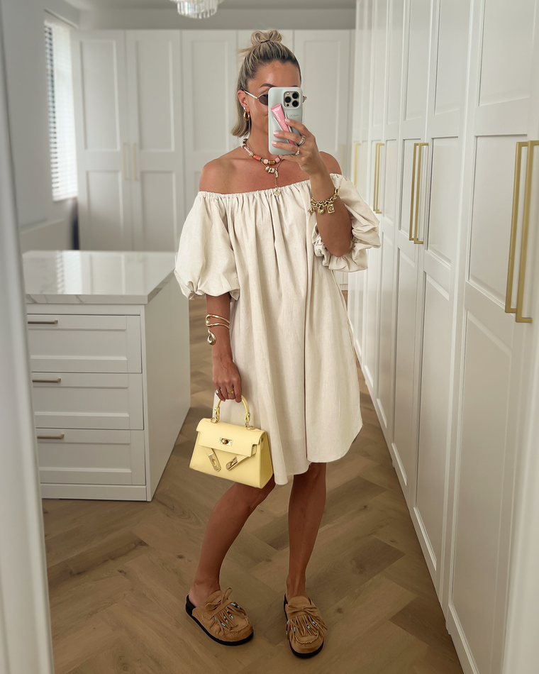 PORSCHA - Linen Off Shoulder Dress in Beige