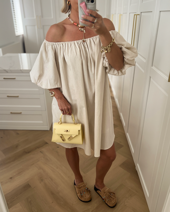 PORSCHA - Linen Off Shoulder Dress in Beige