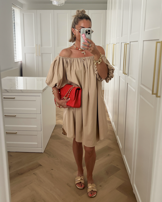PORSCHA - Linen Off Shoulder Dress in Taupe