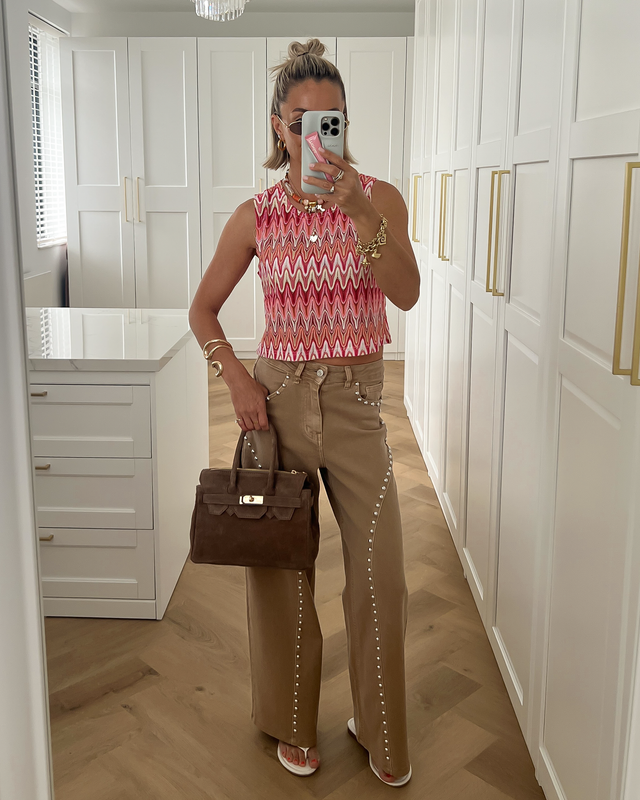 RIVER - Studded Wide Leg Jeans in Taupe