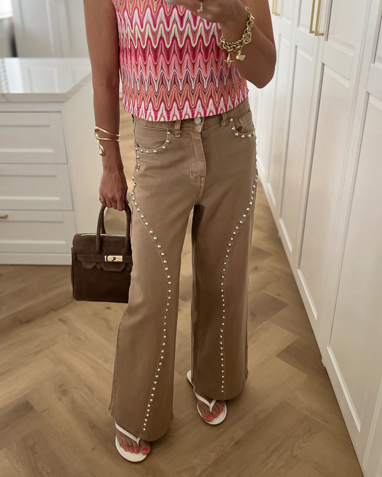 RIVER - Studded Wide Leg Jeans in Taupe
