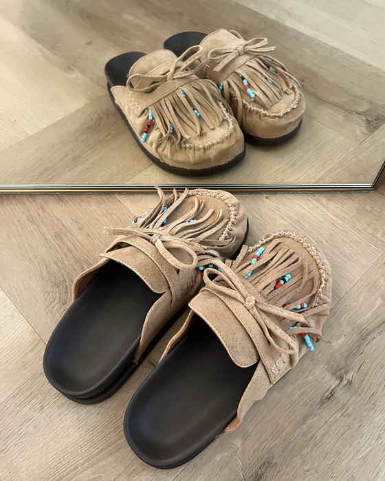 Fringe Faux Suede Mules in Natural