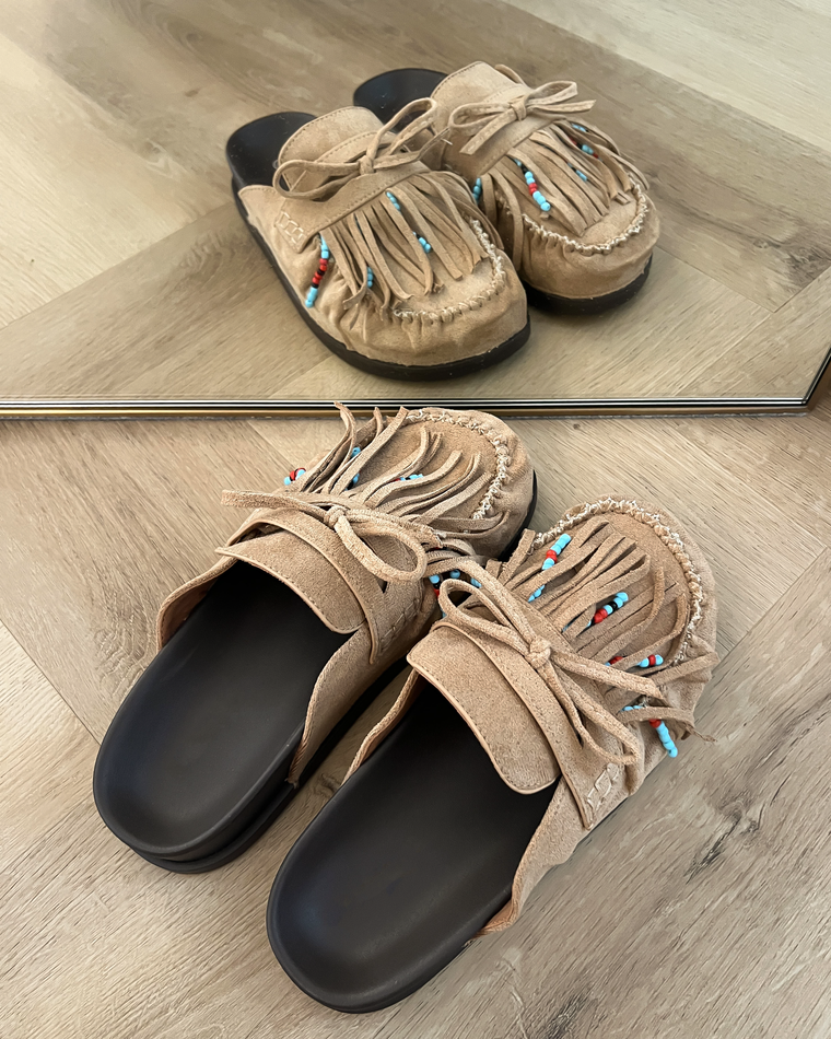 Fringe Faux Suede Mules in Natural